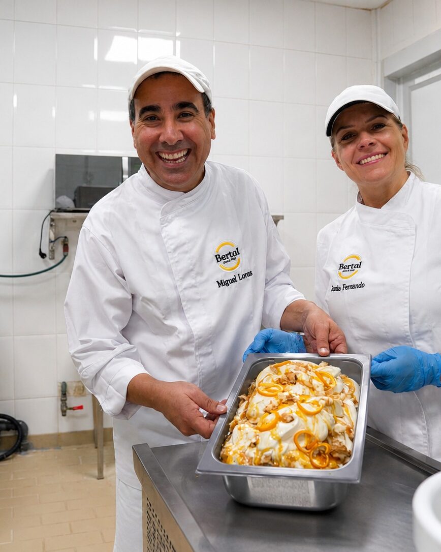 Sonia y Miguel, maestros heladeros del obrador Bertal, con una bandeja de helado artesanal